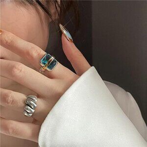 2-Piece Chunky Sea Blue Crystal Ring Set – Gold & Silver Mixed Metal Adjustable